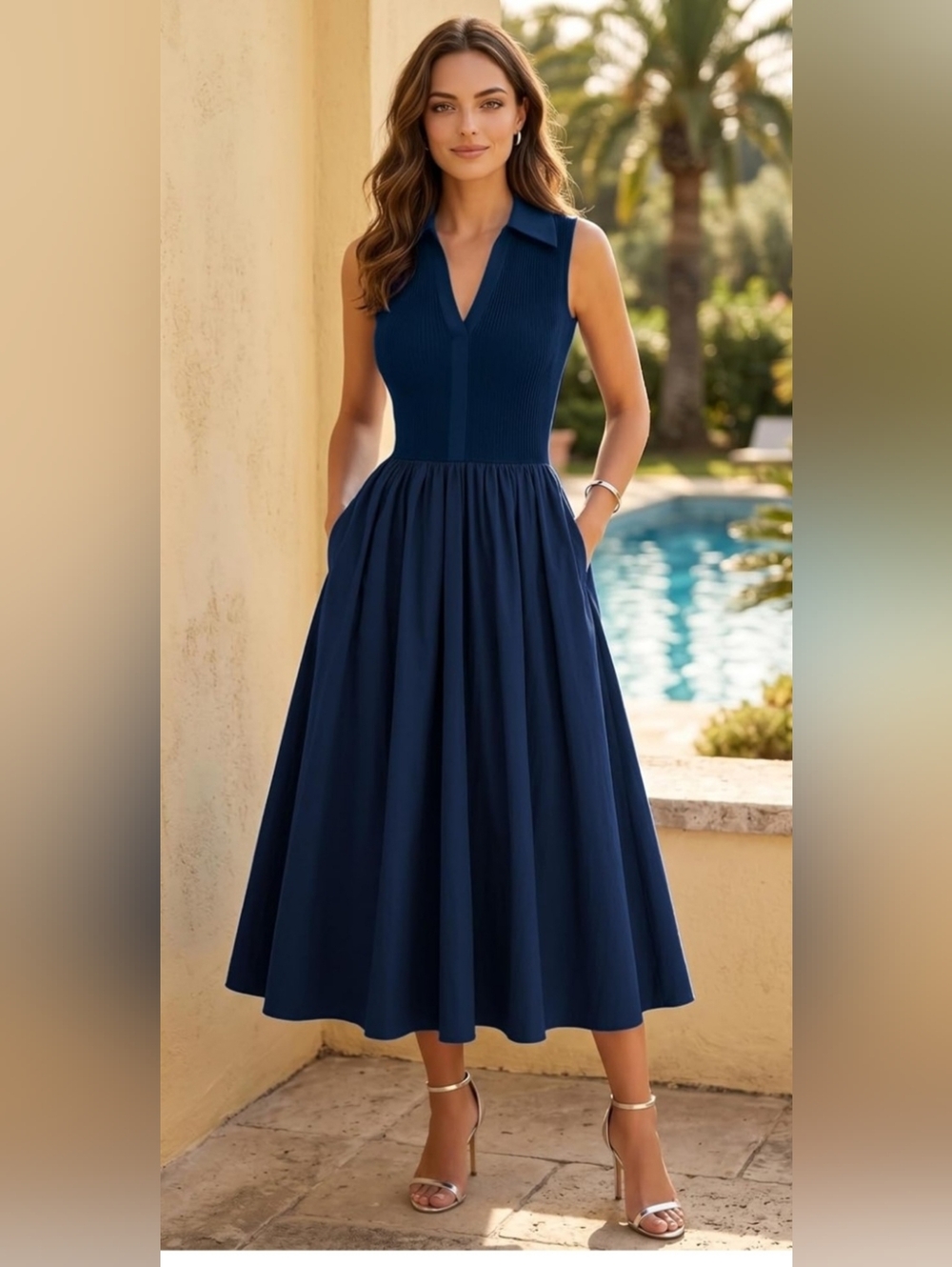 NWT Navy Blue Midi Dress Large A Line V Neck Sleeveless Pockets Elegant On Trend